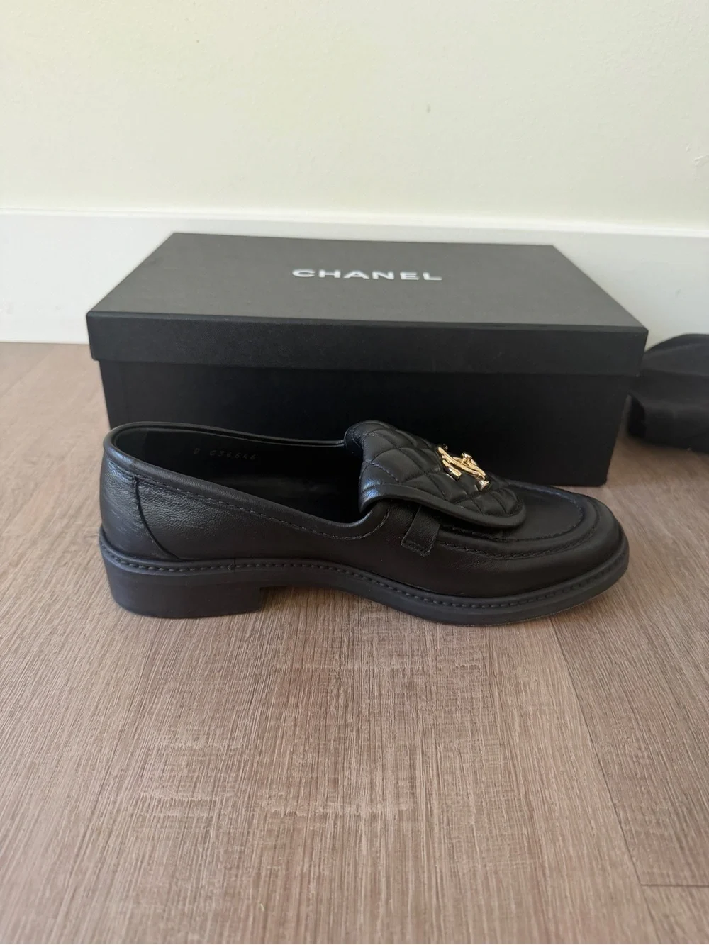 Chanel Black Quilted Leather women’s Loafers with Gold CC Logo
